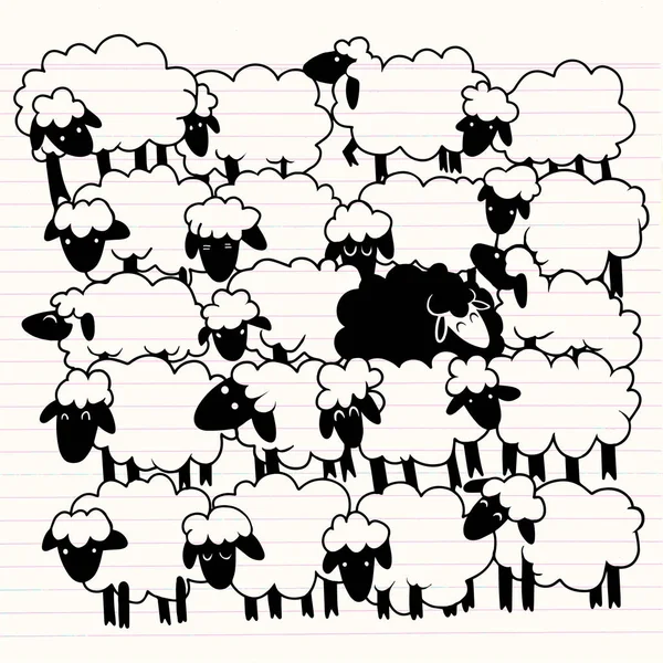  vector of a black sheep amongst white sheep ,Single black she — Stock Vector